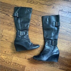 DKNY - Black Leather Knee-High Wedge Boots